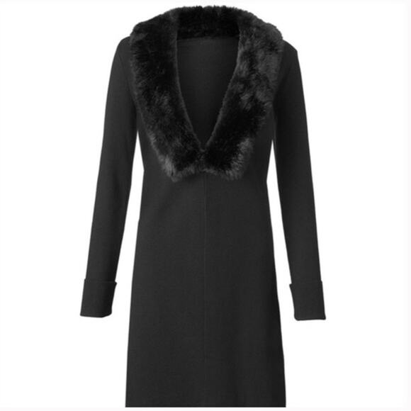 Cabi Dynasty Sweater #3679 Black Long Line Fur Collar  Cardigan Women's Large - Picture 1 of 6
